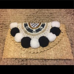 Beaded Straw Bag with Pom-Poms